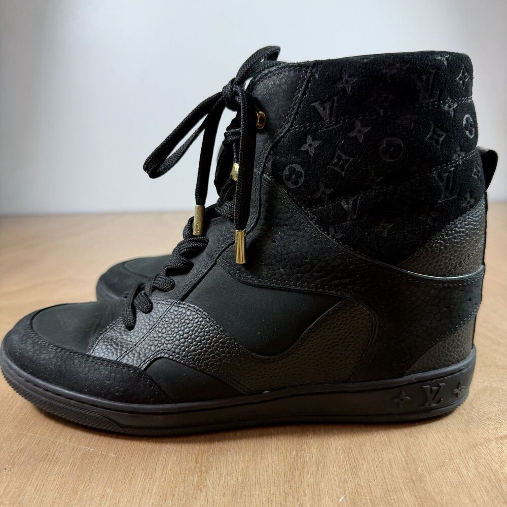 Louis Vuitton Monogram Suede Calfskin Cliff Top Wedge Sneakers 37.5 Black LV